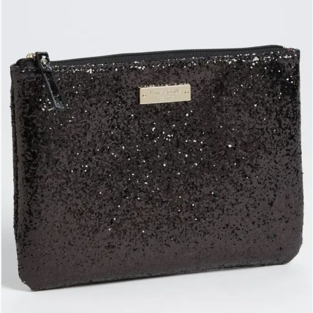 Kate Spade New York Glitterball Little Gia Sparkle Pouch Clutch Black Top Zip